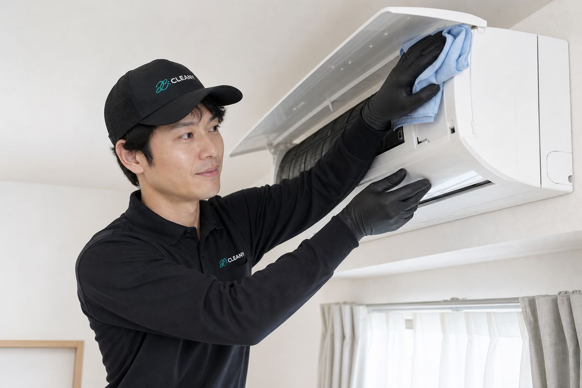 エアコン本体をクロスで拭く作業者のイメージ