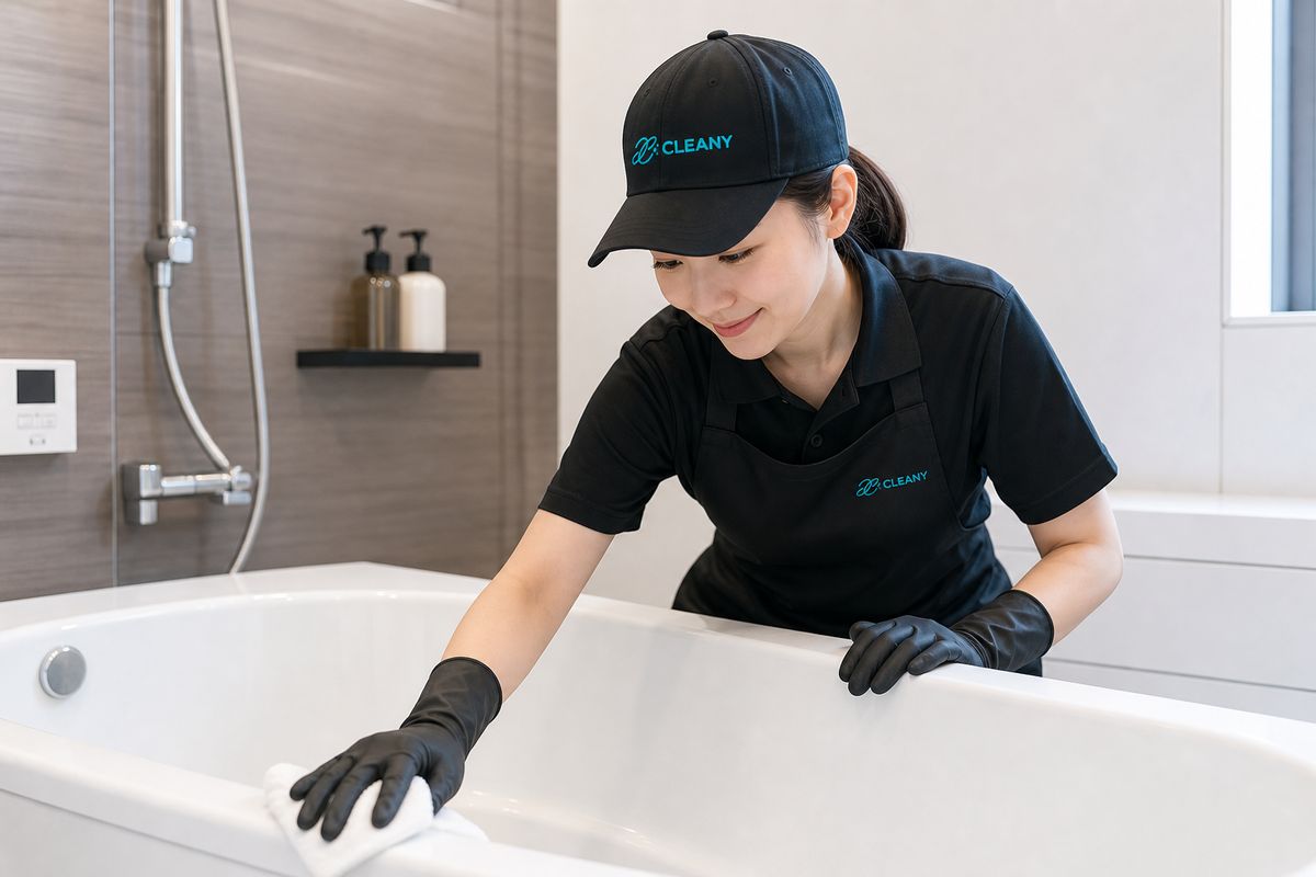 浴槽の縁をクロスで拭く作業者のイメージ