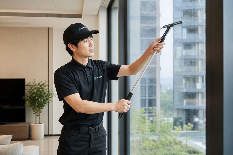室内の大きな窓をスクイージーで清掃する作業者のイメージ